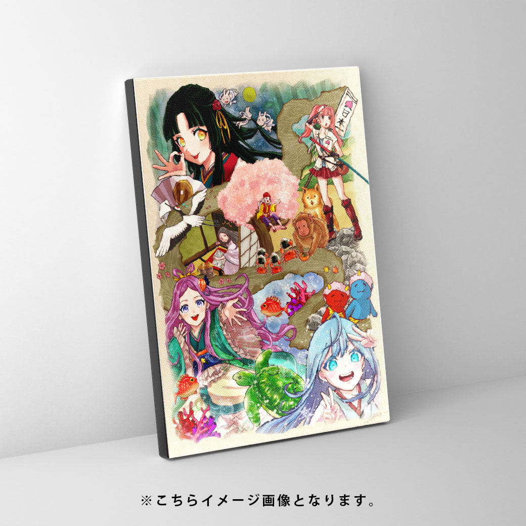 かぐや姫や桃太郎、乙姫に雪女など日本昔話に登場しそうなキャラクター達がたくさん描かれている作品。