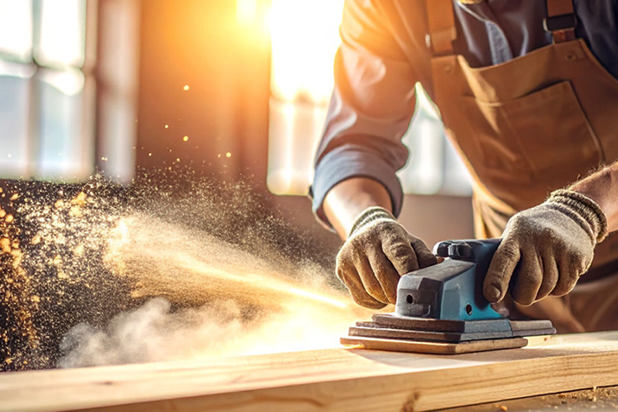 Worker using an electric hand sander with dust flying in a sunlit wood workshop.