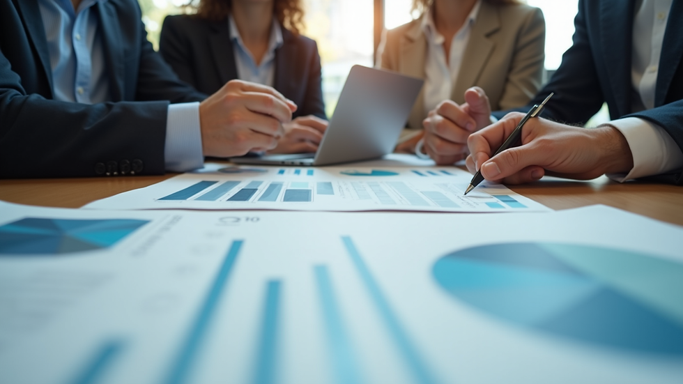Close-up view of a digital marketing team brainstorming with charts and laptops