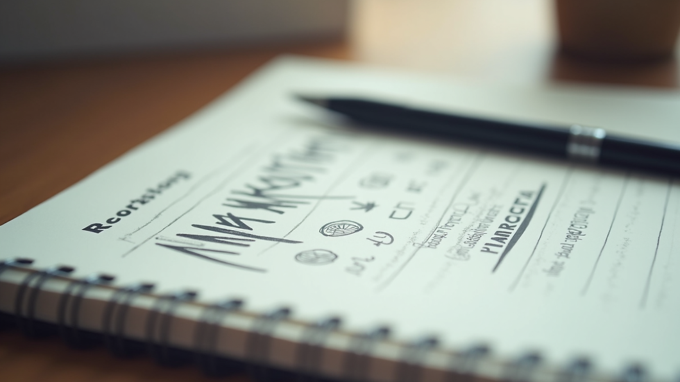 Close-up view of a notebook with digital marketing ideas and a pen