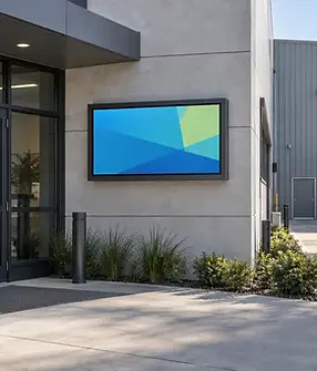 Illustration of an outdoor LCD beside a manufacturing facility entrance and loading area