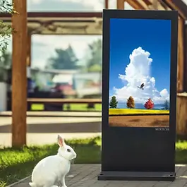 Interactive outdoor LCD display in a tourist district providing touch-enabled wayfinding, real-time maps, and visitor information, designed for sunlight readability and weatherproof reliability.