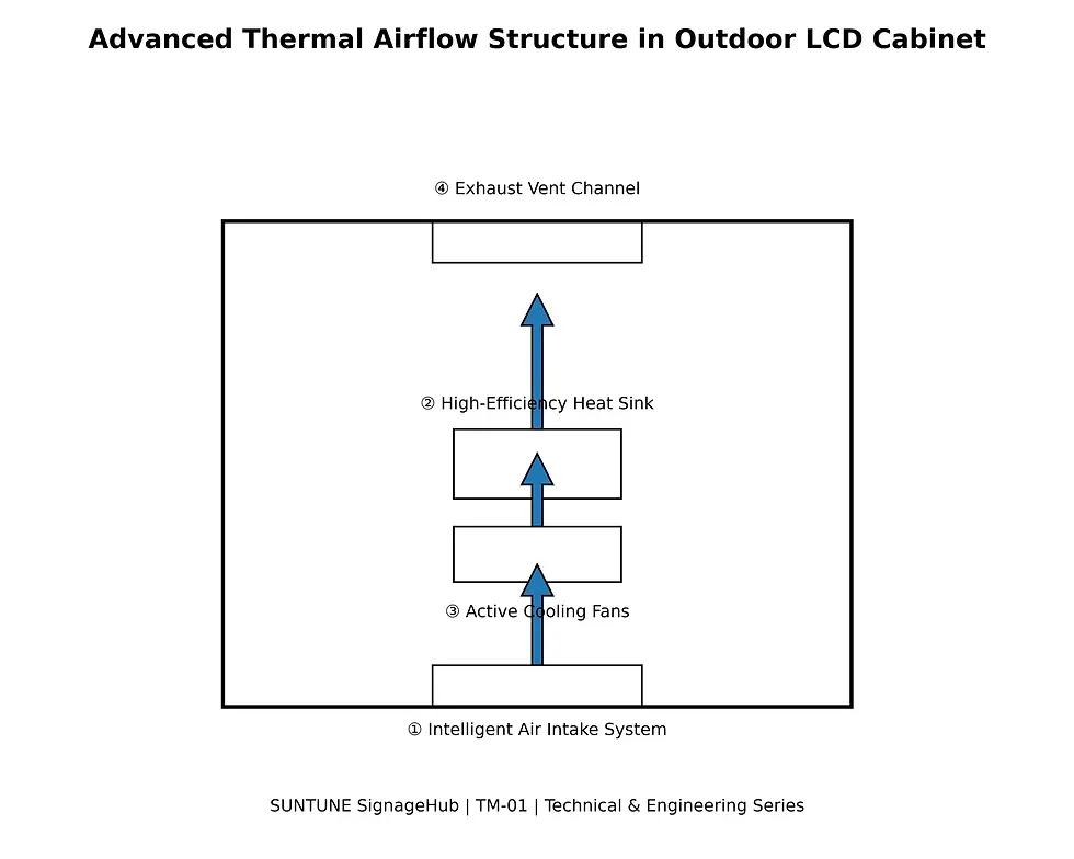 Diagram showing thermal management strategies for outdoor LCD displays, including active cooling, heat sinks, and efficient airflow to enhance performance and energy efficiency.