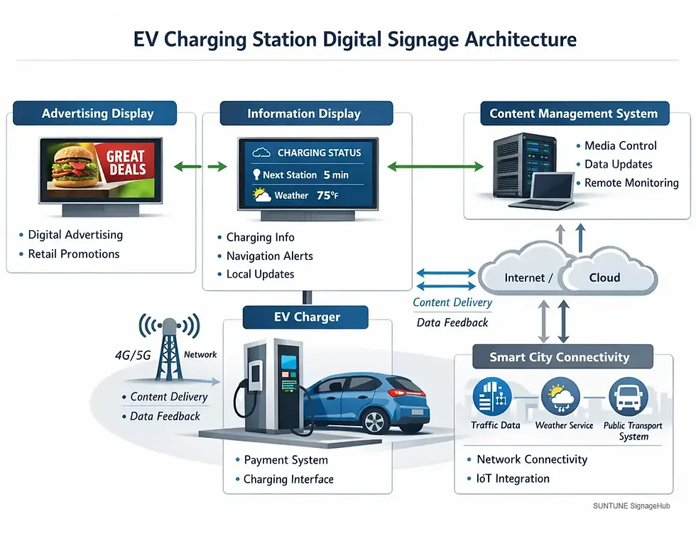 Outdoor LCD displays installed at EV charging stations showing digital advertising, charging information, and smart city connectivity for electric vehicle infrastructure.