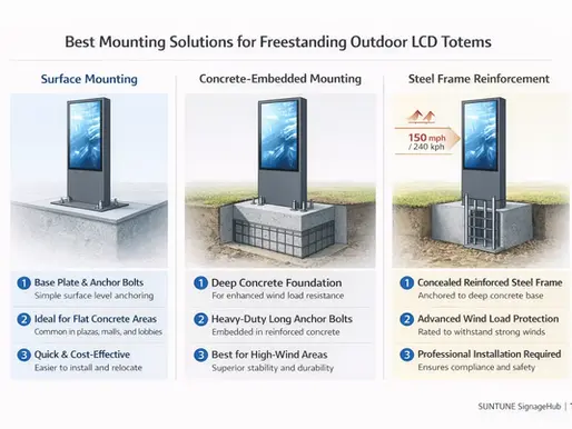 Diagram showing mounting solutions for freestanding outdoor LCD totems including surface mounting, concrete-embedded foundation, and reinforced steel frame support for outdoor digital signage installations.