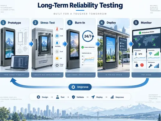 Long term reliability testing for outdoor displays showing prototype evaluation, environmental stress testing, burn in, field deployment, and remote monitoring for outdoor LCD reliability.