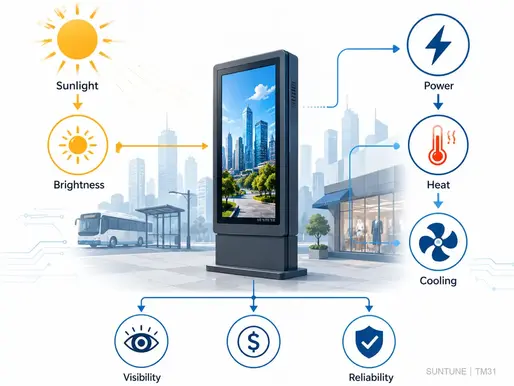 High-brightness outdoor LCD display operating in direct sunlight, illustrating power consumption, energy efficiency, adaptive brightness control, and thermal management technologies for outdoor digital signage.