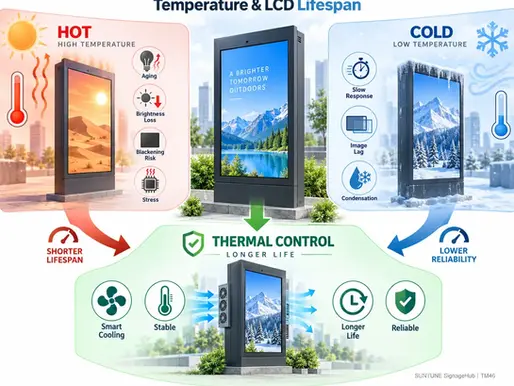 Temperature effects on LCD panel lifespan showing how heat, cold, and thermal cycling influence backlight aging, liquid crystal performance, and long-term outdoor display reliability.