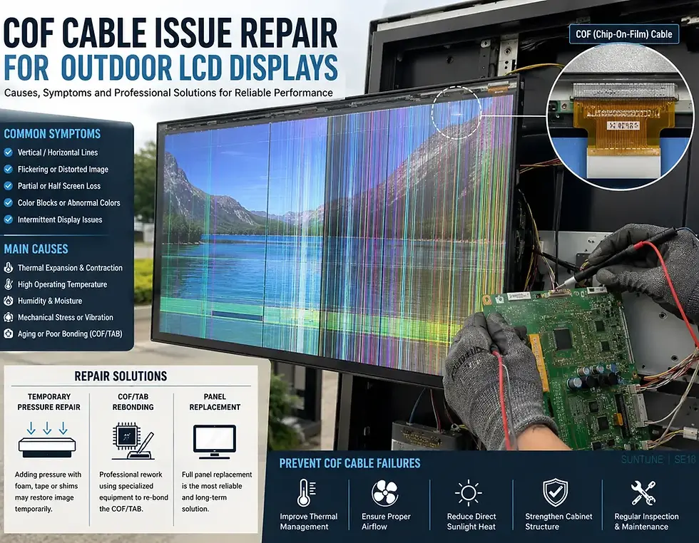 Technician diagnosing a COF cable issue repair on a high-brightness outdoor IPS LCD display with visible panel line defects and digital signage components.