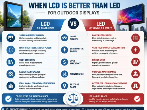 Infographic comparing LCD vs LED for outdoor displays, highlighting differences in resolution, brightness, color accuracy, viewing distance, and durability for digital signage applications.