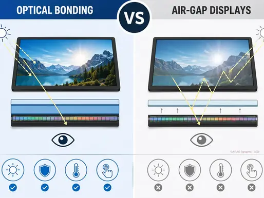 Infographic comparing optical bonding vs air-gap displays, showing differences in sunlight readability, reflection reduction, thermal performance, and durability for outdoor LCD digital signage applications.