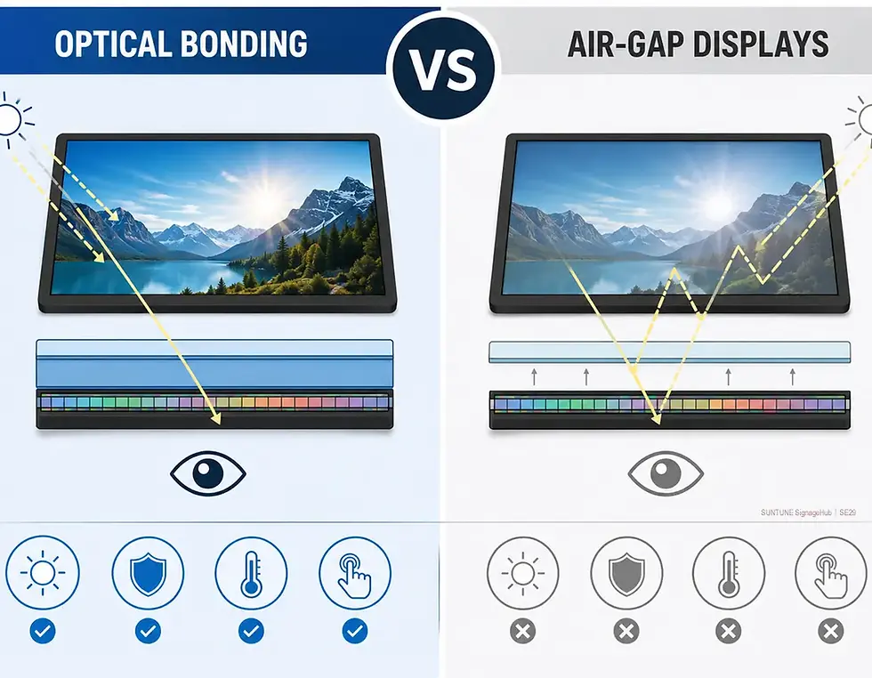 Infographic comparing optical bonding vs air-gap displays, showing differences in sunlight readability, reflection reduction, thermal performance, and durability for outdoor LCD digital signage applications.