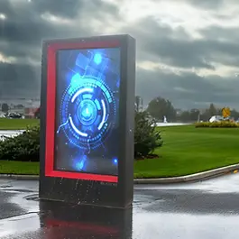 Weatherproof outdoor LCD kiosks installed in a smart city environment, featuring high-brightness digital displays for public information, transportation updates, and interactive urban communication.