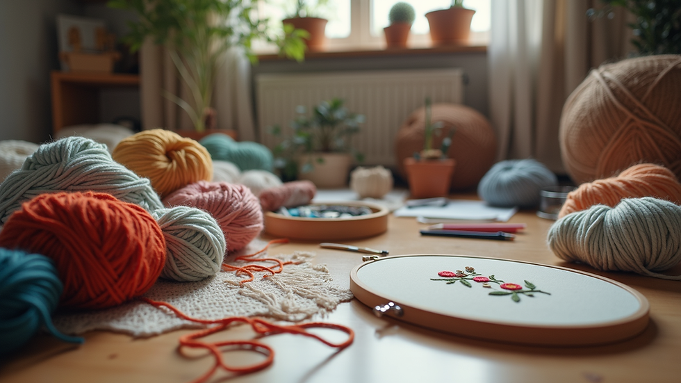 Eye-level view of a cozy craft room with yarn and embroidery supplies
