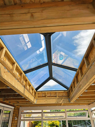 Internal flat roof construction with aluminium glass lantern for sunroom in kings lynn, wisbech, norfolk