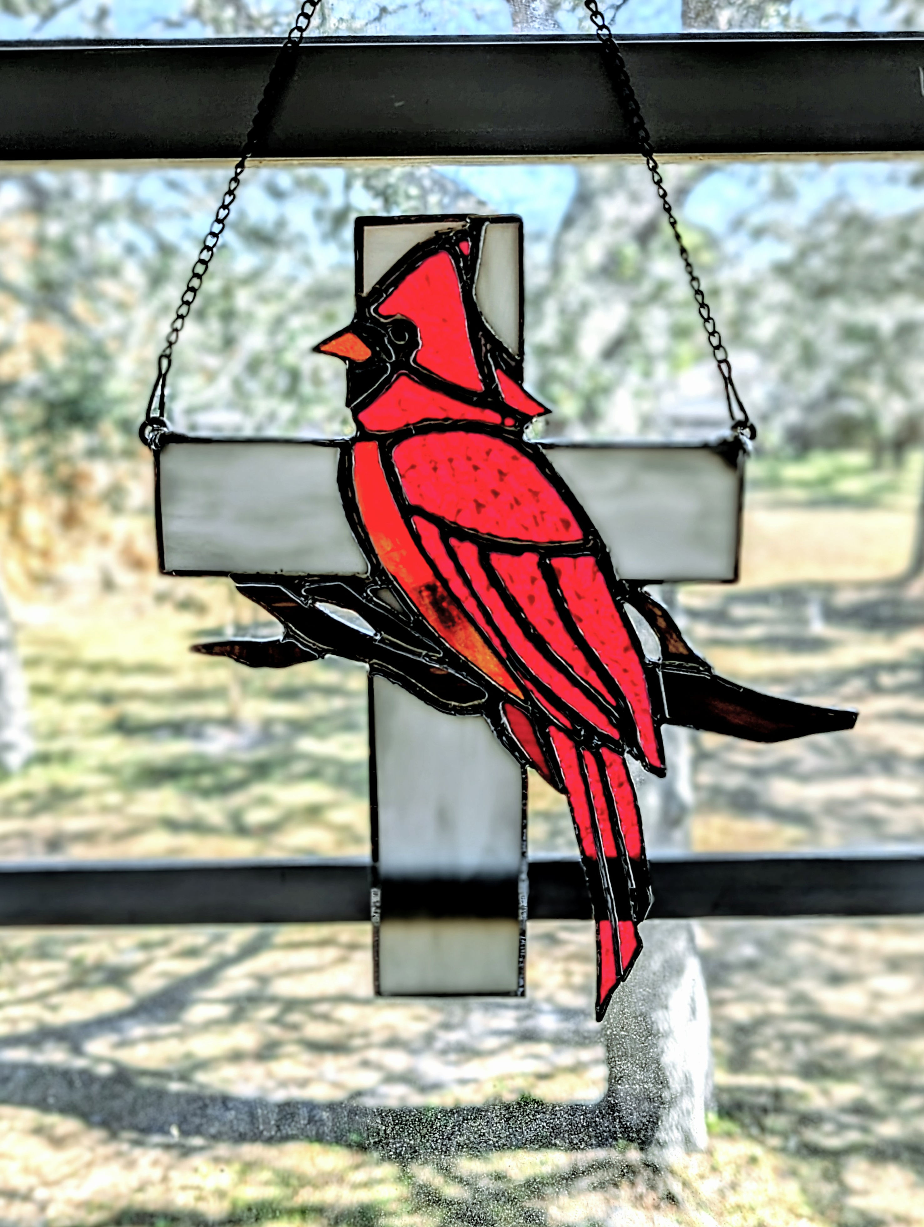 Stained Glass Memorial Cross with Cardinal - 9W x 11H