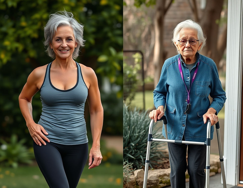 Two women of the same age side by side; one in a tank top smiling, one with a walker looking serious. Outdoors with greenery in the background.