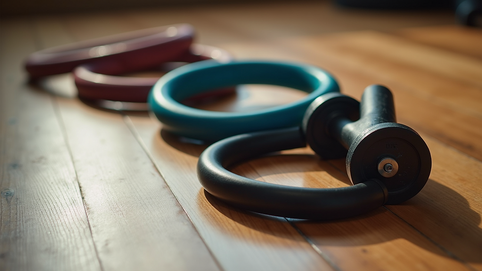 High angle view of resistance bands and light weights on a wooden floor