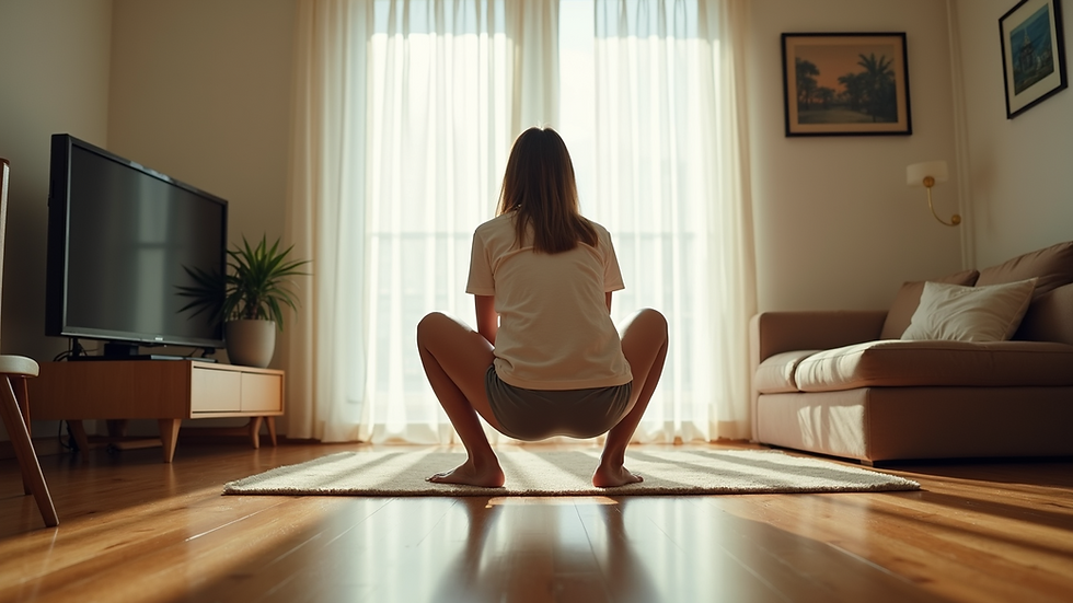 Eye-level view of a person doing a squat in a bright living room