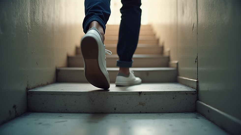 Close-up view of feet stepping up on a low step