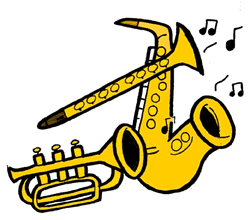 cartoon image of saxophone, clarinet, trumpet