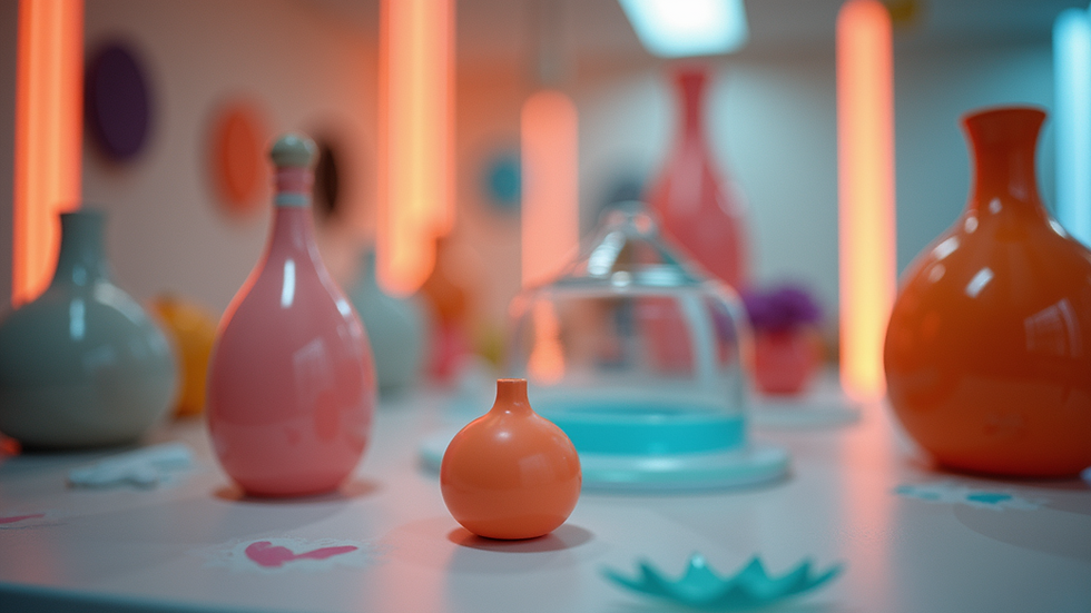 Close-up view of a vibrant installation featuring a collection of contemporary art pieces