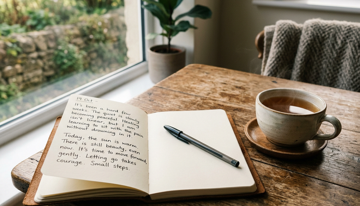 Close-up view of a handwritten journal beside a warm cup of tea