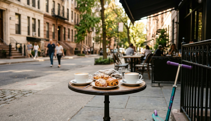 Eye-level view of a small Manhattan cafe table with coffee, pastries, and a child’s scooter beside it.