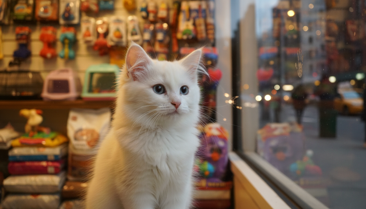 Eye-level view of a snow-white Turkish Angora kitten sitting behind a pet shop window.