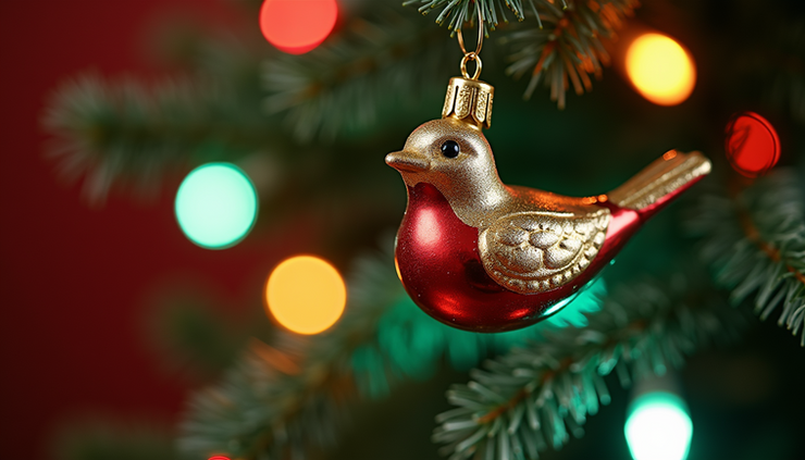 Eye-level view of a vintage glass bird ornament perched on a Christmas tree branch