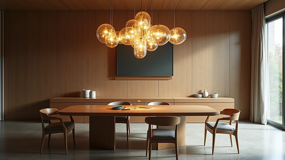 High angle view of a dining area adorned with a unique sculptural light fixture and artistic table