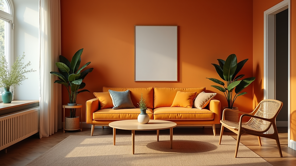 High angle view of a colorful living room with warm accents