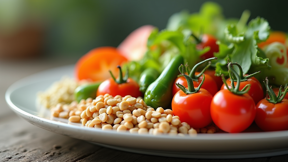 Close-up view of a colorful plate with fresh vegetables and grains