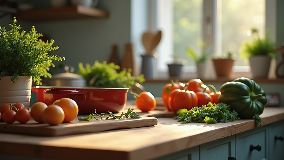 Close-up view of a kitchen counter with cooking utensils and fresh vegetables