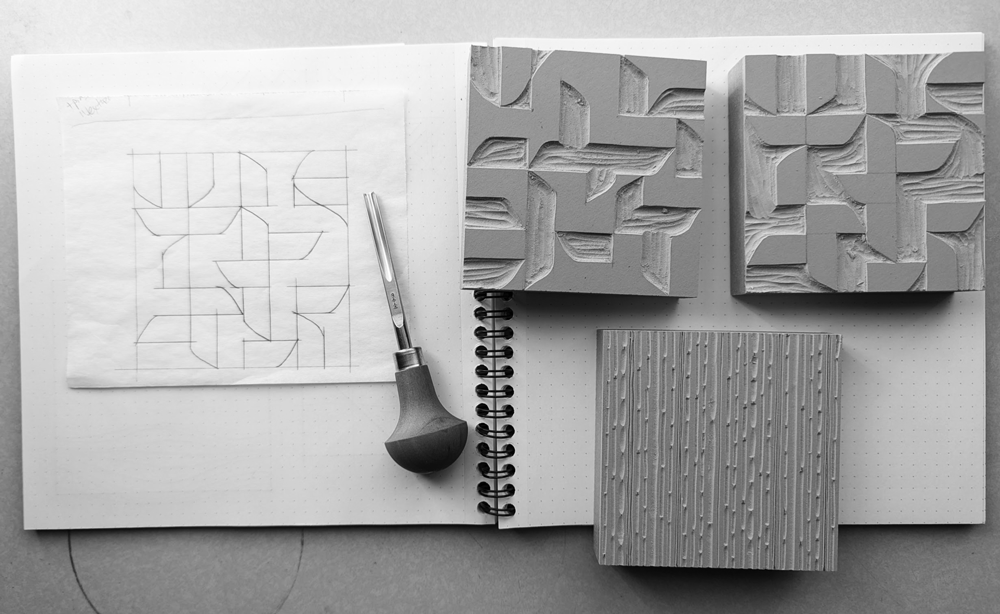 lino blocks, pattern sketch, carving tool