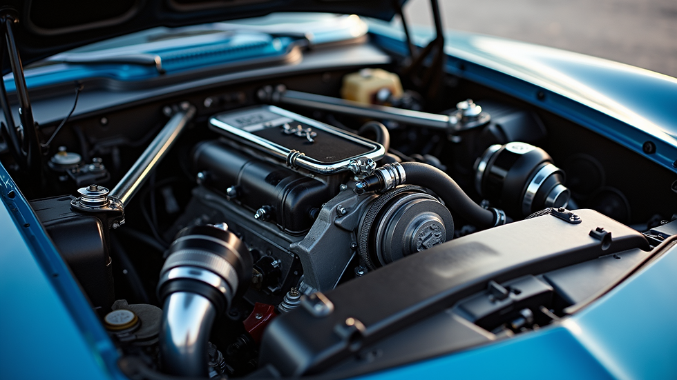 Eye-level view of a racing engine bay with performance parts installed