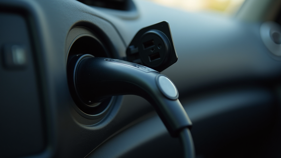 Eye-level view of a modern electric car air freshener plugged into a car power outlet