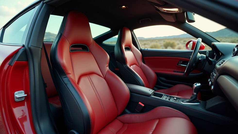 Eye-level view of a sports car interior with custom leather seat covers