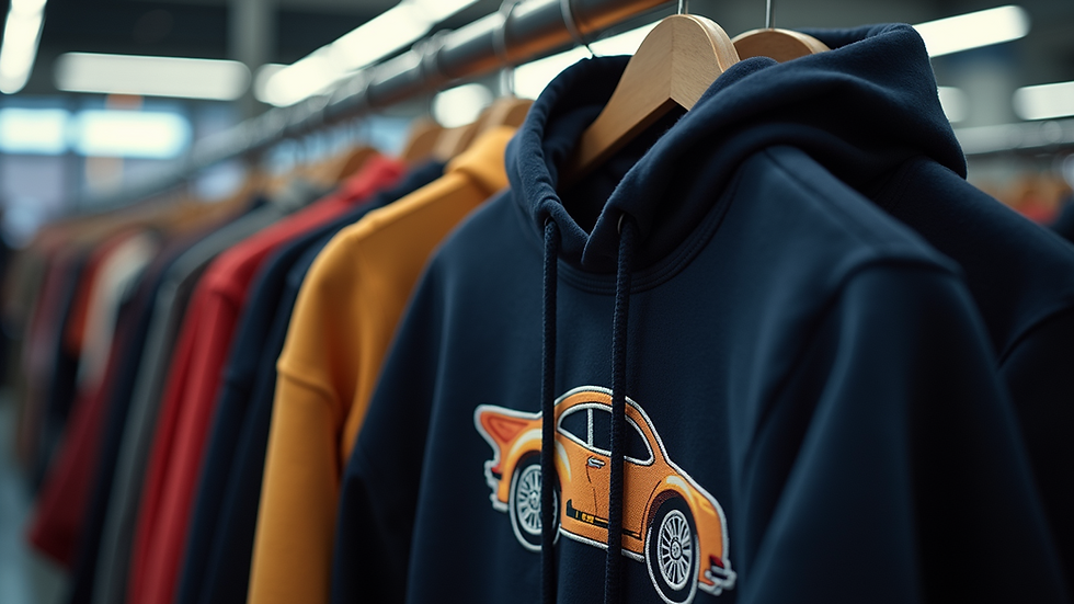 Eye-level view of a stylish car-themed hoodie displayed on a rack