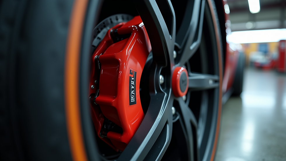 Close-up view of a racing car wheel and brake system