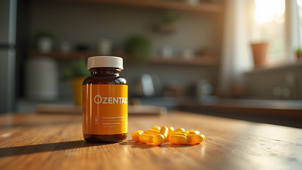 Close-up view of a bottle of Ozentax supplement on a wooden table