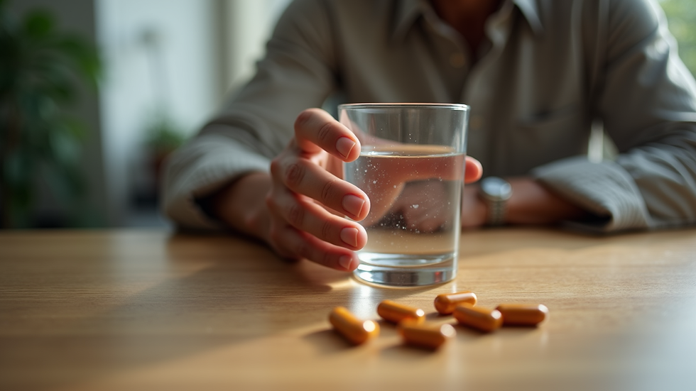 Eye-level view of a person holding a glass of water with Ozentax capsules on the table