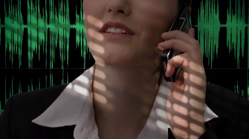 woman on cell phone with green audio sound waves