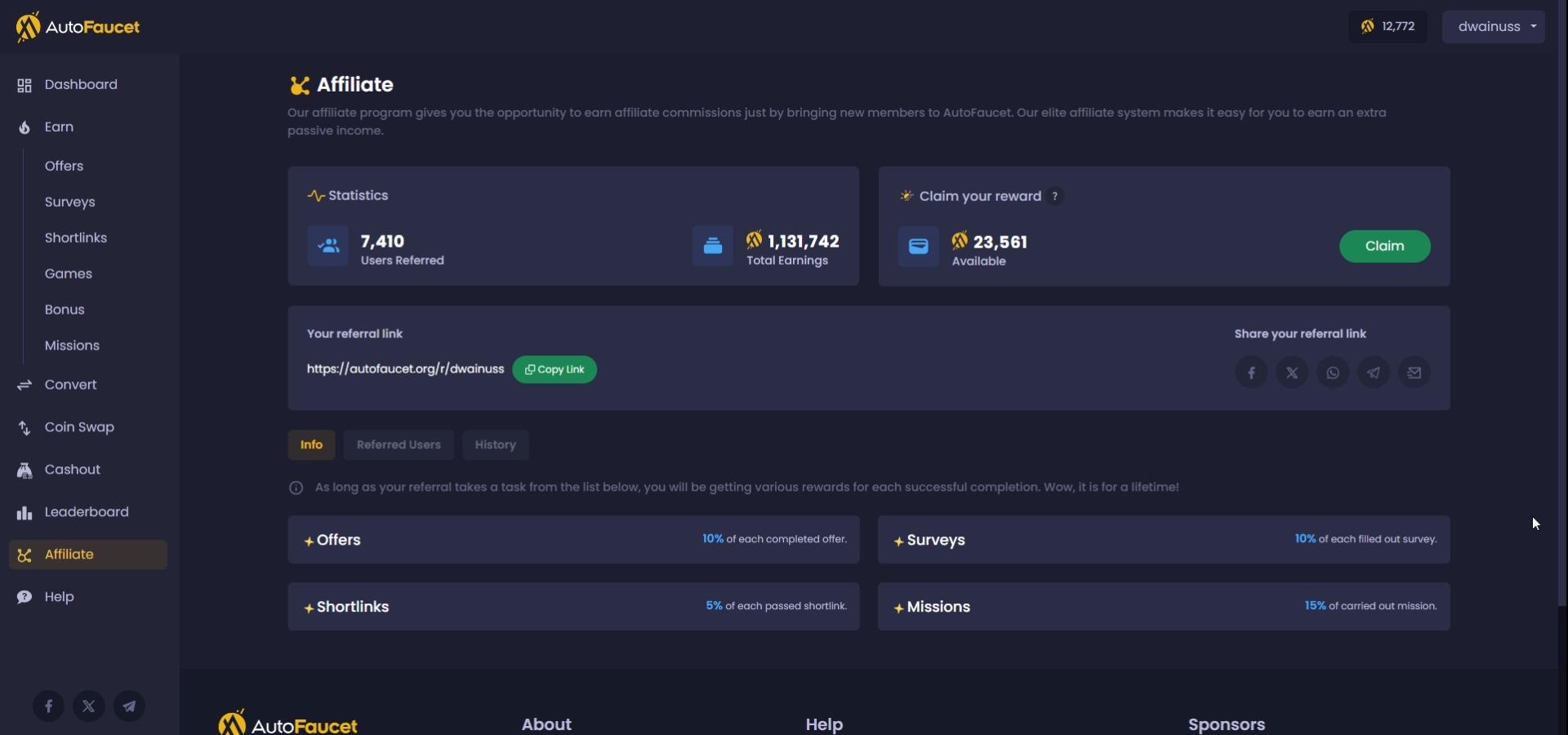 AutoFaucet dashboard — 7,410 referrals proof