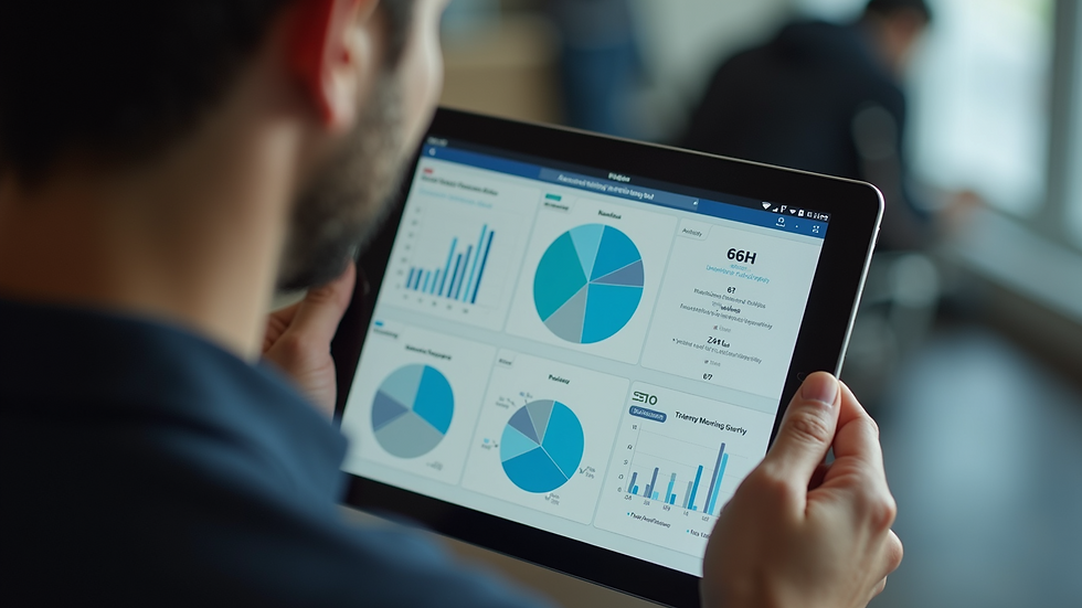 Close-up view of a tablet showing interactive eLearning content with charts and quizzes