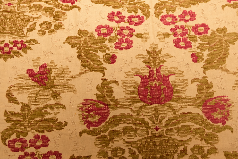 Thumbnail: Floral burgundy and sage cotton upholstery fabric pattern.