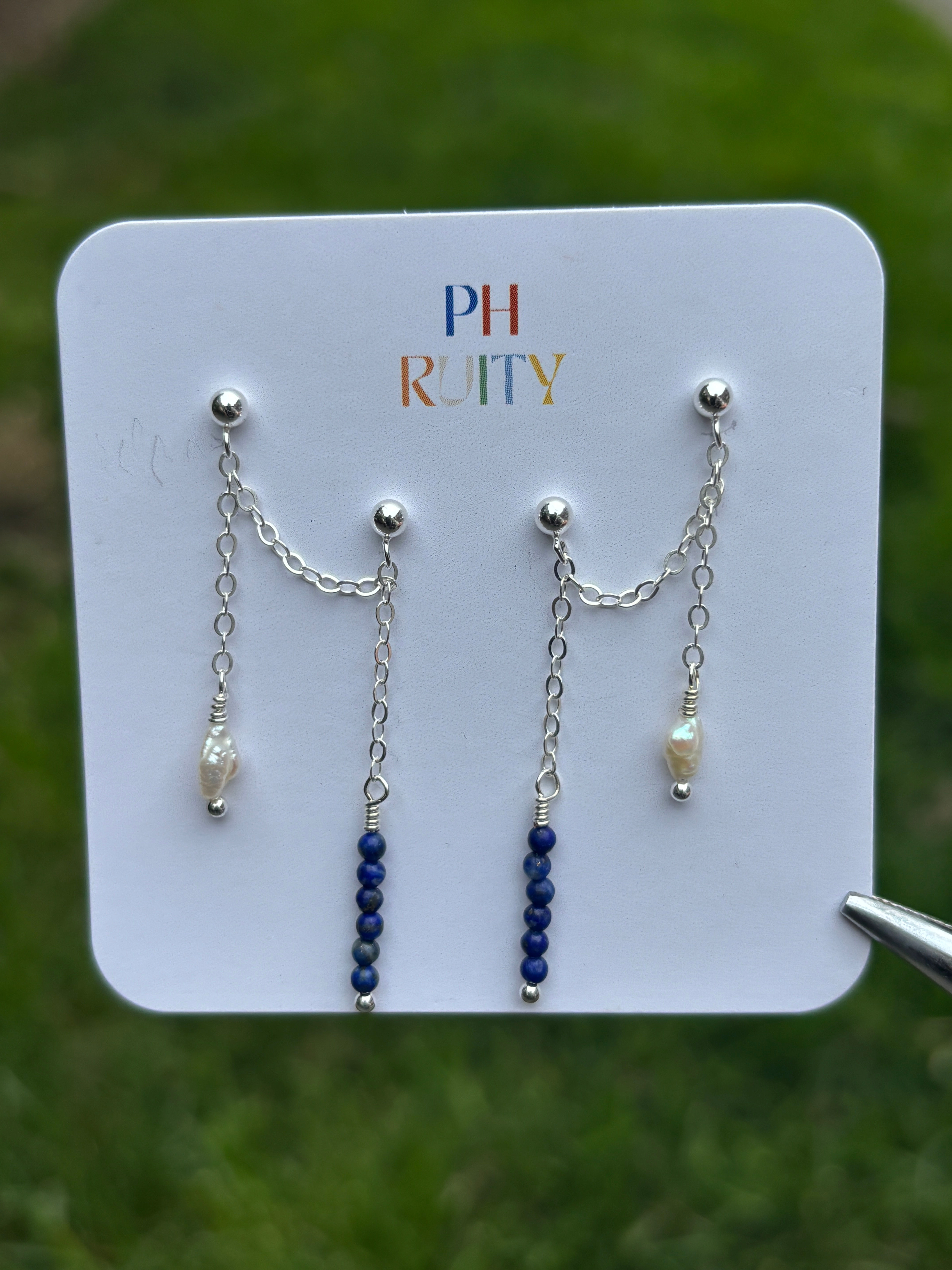 Lapis Lazuli & Freshwater Pearl Double Chain Earrings