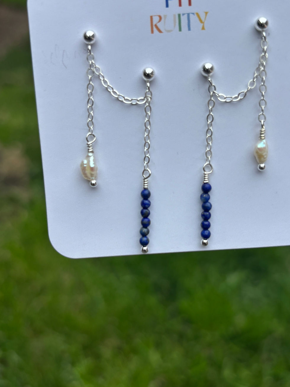 Thumbnail: Lapis Lazuli & Freshwater Pearl Double Chain Earrings