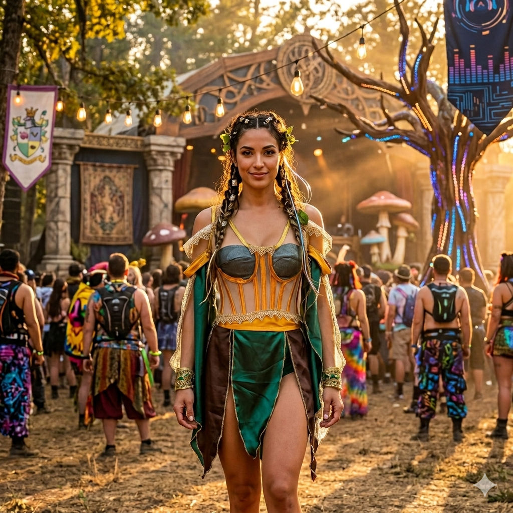 Renaissance Elven Corset & Petal Skirt: 4-Piece Green Fantasy Festival Outfit AI Generated Image