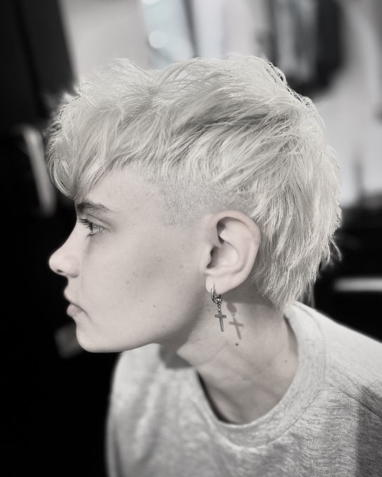 Mini mullet bleach blonde hair under cut and texture by Keri Blue